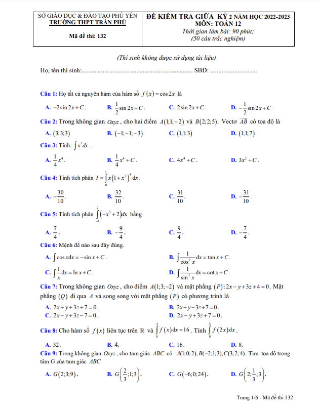 Đề thi giữa học kì 2 (HK2) lớp 12 môn Toán năm 2022 2023 trường THPT Trần Phú Phú Yên 4 de thi giua hoc ki 2 hk2 lop 12 mon toan nam 2022 2023 truong thpt tran phu phu yen d