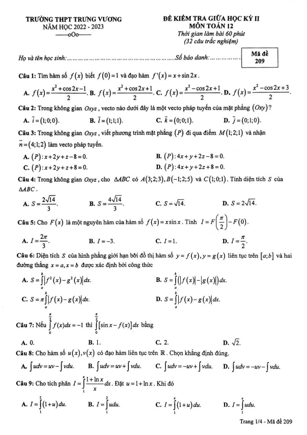 de thi giua hoc ki 2 hk2 lop 12 mon toan nam 2022 2023 truong thpt trung vuong tp hcm d