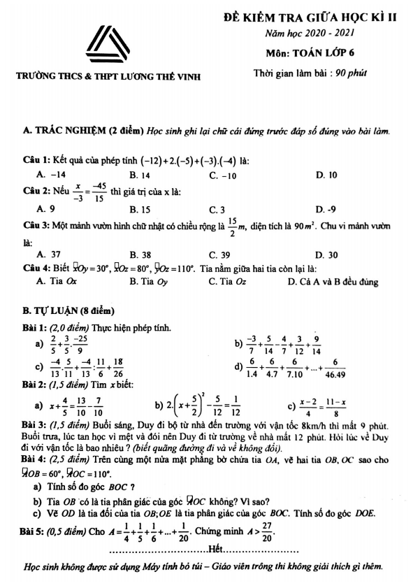 Đề thi giữa học kì 2 (HK2) lớp 6 môn Toán năm 2020 2021 trường Lương Thế Vinh Hà Nội 4 de thi giua hoc ki 2 hk2 lop 6 mon toan nam 2020 2021 truong luong the vinh ha noi d