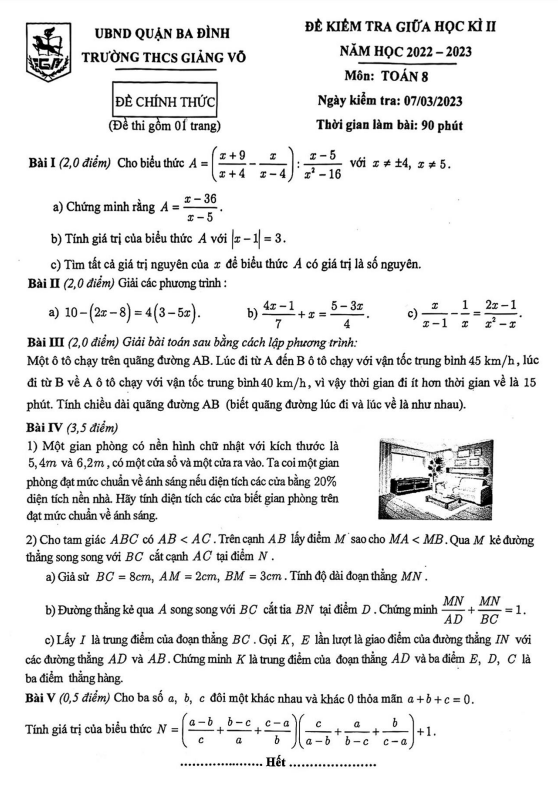 Đề thi giữa học kì 2 (HK2) lớp 8 môn Toán năm 2022 2023 trường THCS Giảng Võ Hà Nội 5 de thi giua hoc ki 2 hk2 lop 8 mon toan nam 2022 2023 truong thcs giang vo ha noi d
