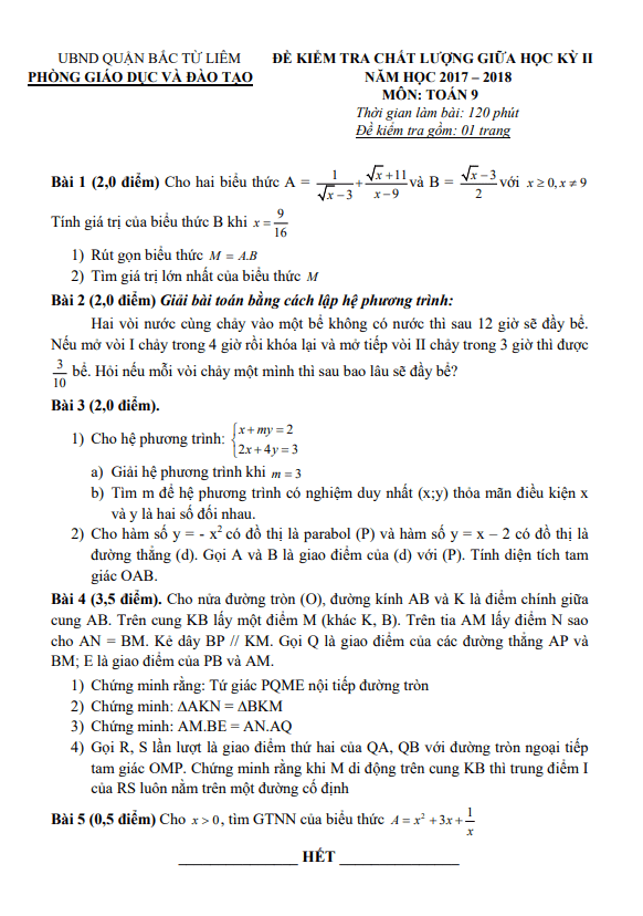 de thi giua hoc ki 2 hk2 lop 9 mon toan nam 2017 2018 phong gd dt bac tu liem ha noi d