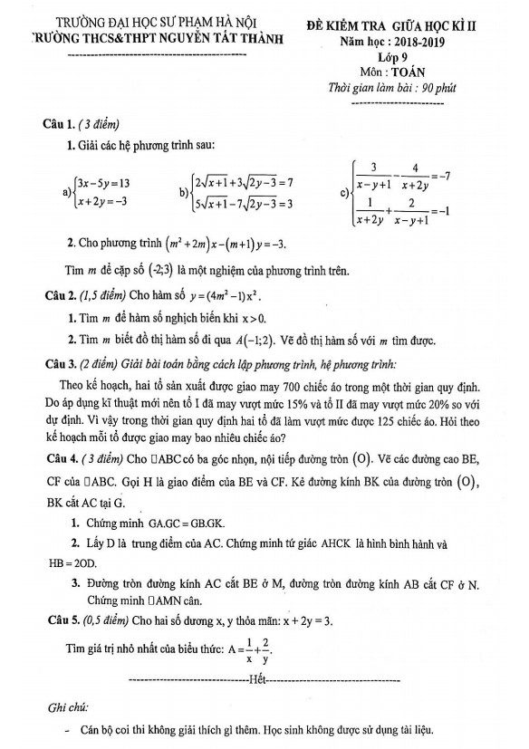 de thi giua hoc ki 2 hk2 lop 9 mon toan nam 2018 2019 truong nguyen tat thanh ha noi d
