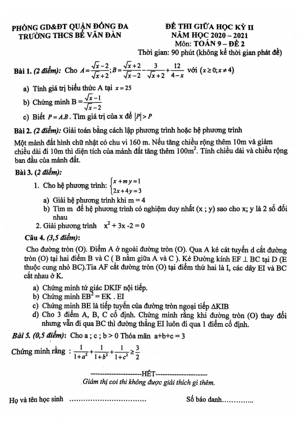 Đề thi giữa học kì 2 (HK2) lớp 9 môn Toán năm 2020 2021 trường Bế Văn Đàn Hà Nội 6 de thi giua hoc ki 2 hk2 lop 9 mon toan nam 2020 2021 truong be van dan ha noi d