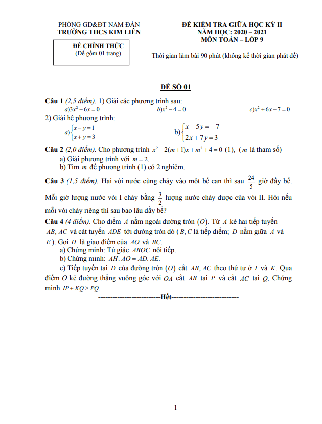 Đề thi giữa học kì 2 (HK2) lớp 9 môn Toán năm 2020 2021 trường THCS Kim Liên Nghệ An 2 de thi giua hoc ki 2 hk2 lop 9 mon toan nam 2020 2021 truong thcs kim lien nghe an d