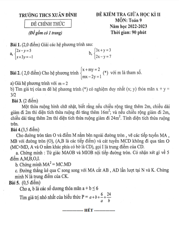 de thi giua hoc ki 2 hk2 lop 9 mon toan nam 2022 2023 truong thcs xuan dinh ha noi d
