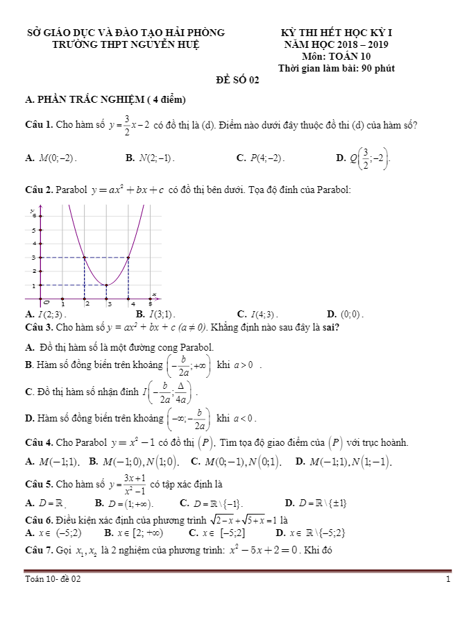 de thi het hoc ki 1 hk1 lop 10 mon toan nam 2018 2019 truong thpt nguyen hue hai phong d