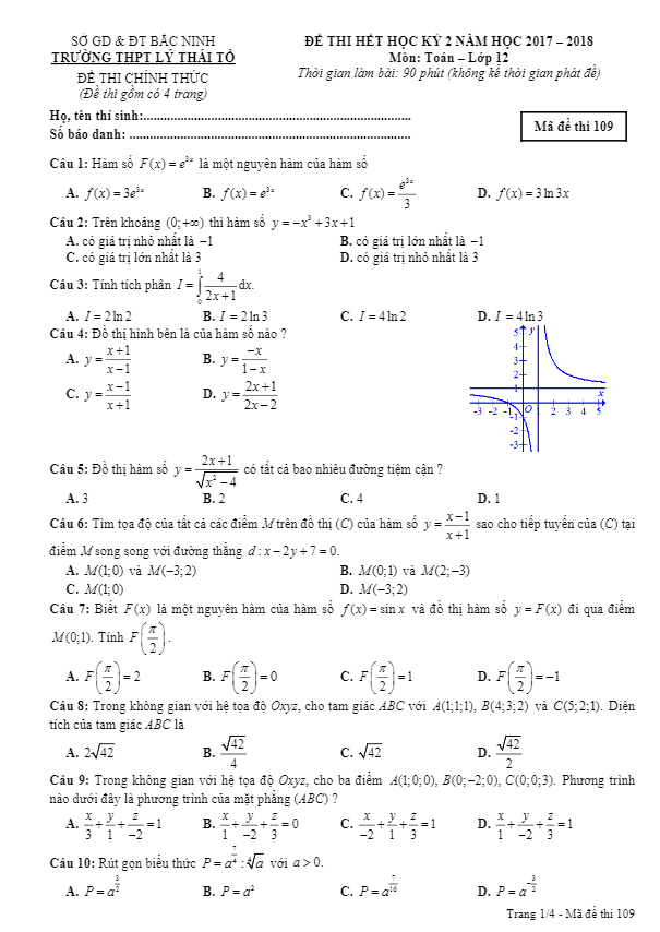 Đề thi hết học kì 2 (HK2) lớp 12 môn Toán năm 2017 2018 trường Lý Thái Tổ Bắc Ninh 7 de thi het hoc ki 2 hk2 lop 12 mon toan nam 2017 2018 truong ly thai to bac ninh d