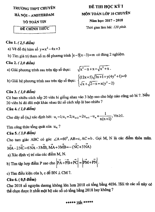 de thi hoc ki 1 hk1 lop 10 mon toan chuyen nam hoc 2017 2018 truong thpt chuyen ha noi amsterdam d