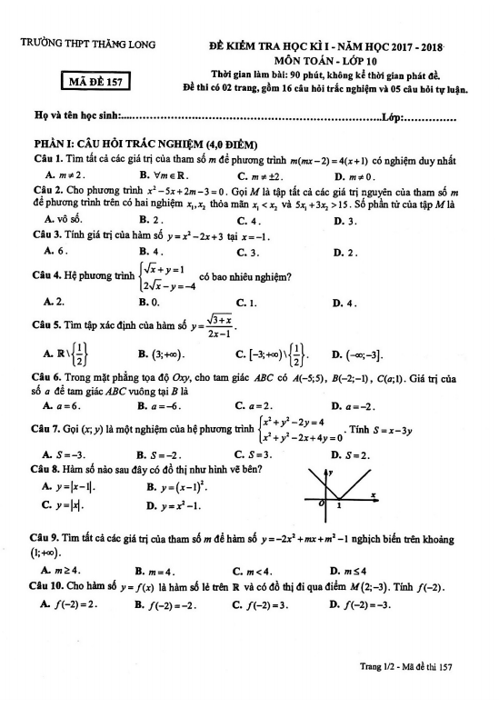 de thi hoc ki 1 hk1 lop 10 mon toan nam 2017 2018 truong thpt thang long ha noi d