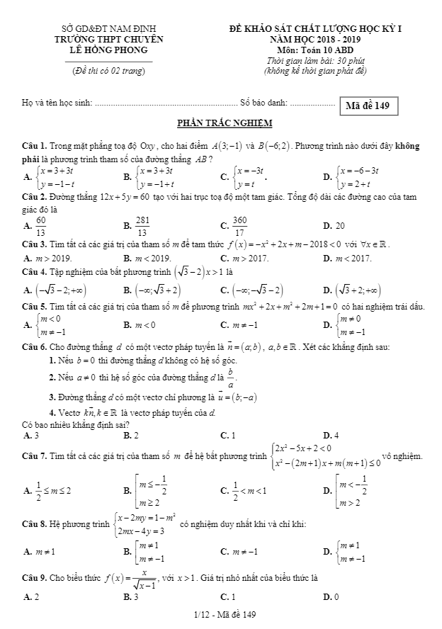 Đề thi học kì 1 (HK1) lớp 10 môn Toán năm 2018 2019 trường THPT chuyên Lê Hồng Phong Nam Định 2 de thi hoc ki 1 hk1 lop 10 mon toan nam 2018 2019 truong thpt chuyen le hong phong nam dinh d