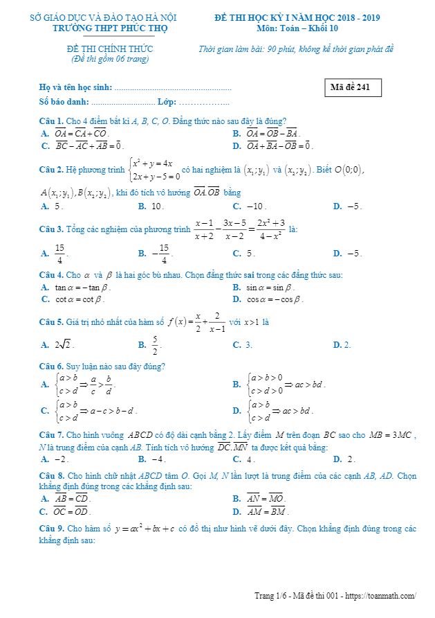 de thi hoc ki 1 hk1 lop 10 mon toan nam 2018 2019 truong thpt phuc tho ha noi d