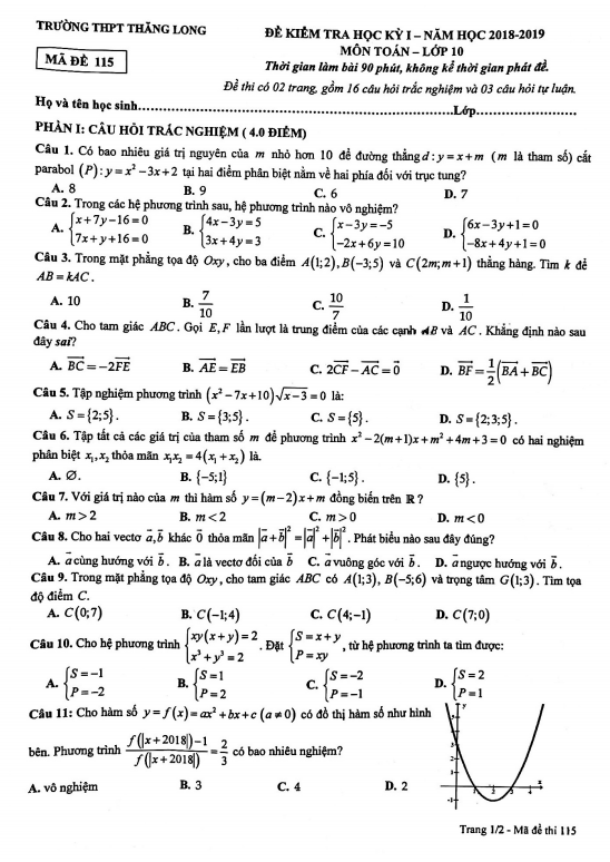 de thi hoc ki 1 hk1 lop 10 mon toan nam 2018 2019 truong thpt thang long ha noi d