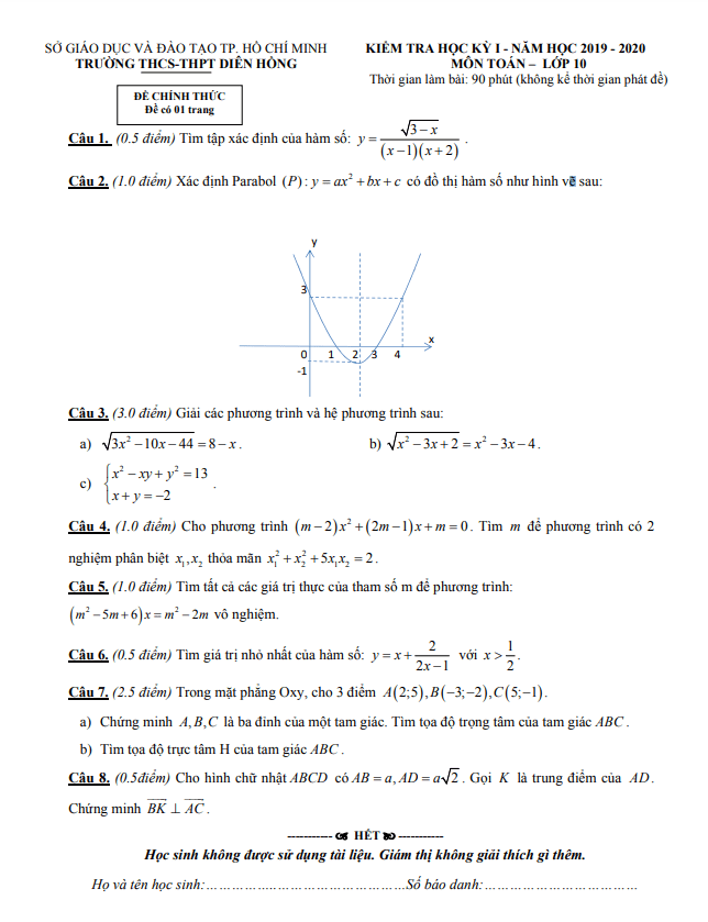 de thi hoc ki 1 hk1 lop 10 mon toan nam 2019 2020 truong dien hong tp hcm d