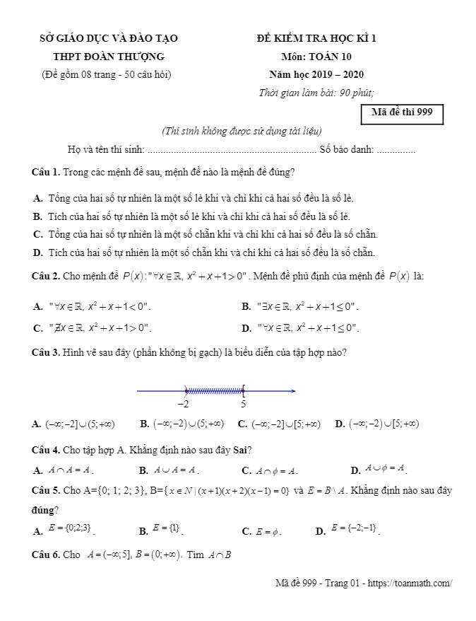 de thi hoc ki 1 hk1 lop 10 mon toan nam 2019 2020 truong doan thuong hai duong d