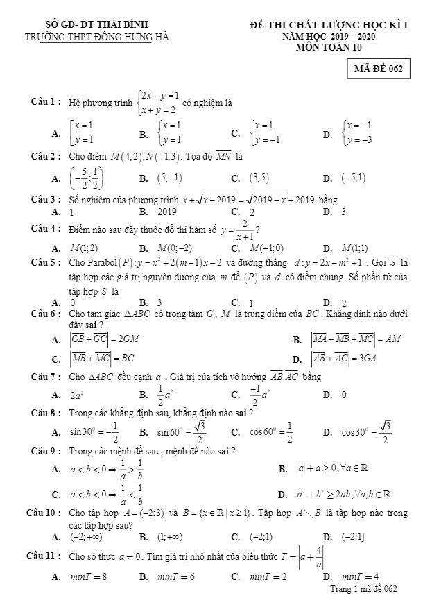de thi hoc ki 1 hk1 lop 10 mon toan nam 2019 2020 truong dong hung ha thai binh d