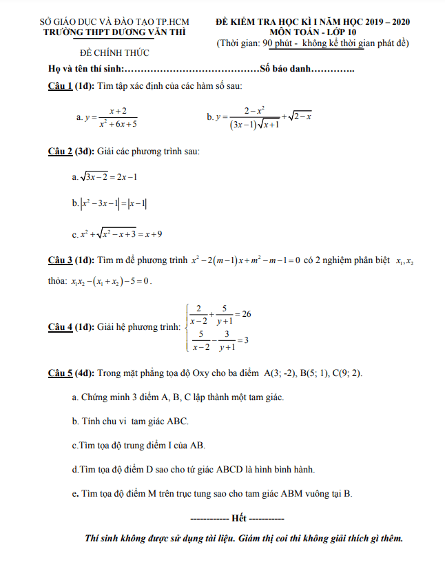 de thi hoc ki 1 hk1 lop 10 mon toan nam 2019 2020 truong duong van thi tp hcm d