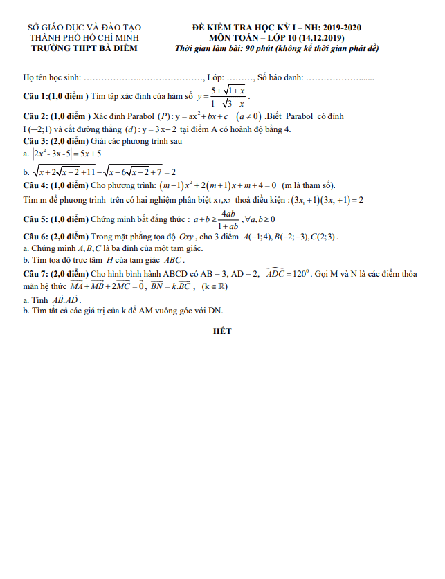 de thi hoc ki 1 hk1 lop 10 mon toan nam 2019 2020 truong thpt ba diem tp hcm d