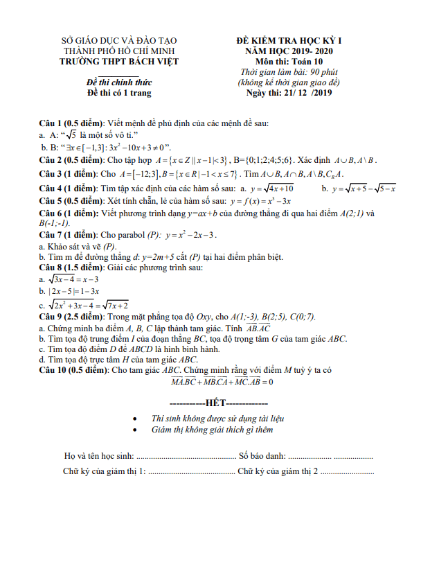 de thi hoc ki 1 hk1 lop 10 mon toan nam 2019 2020 truong thpt bach viet tp hcm d