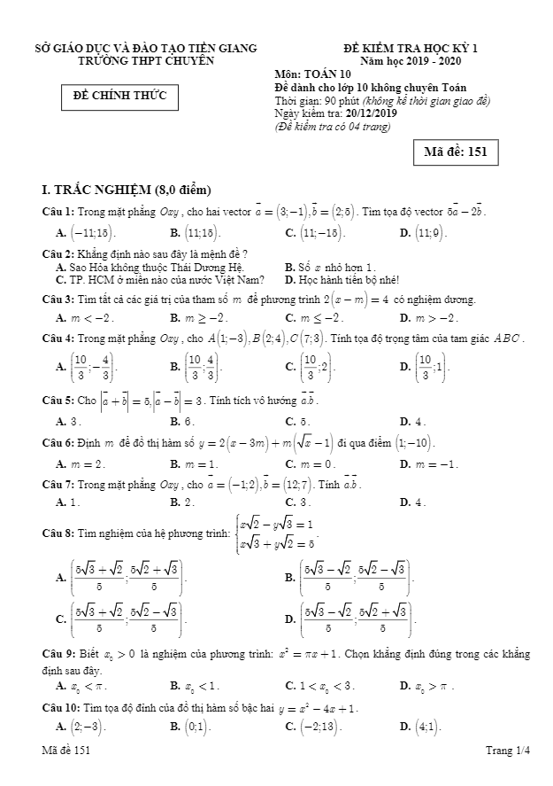 de thi hoc ki 1 hk1 lop 10 mon toan nam 2019 2020 truong thpt chuyen tien giang d