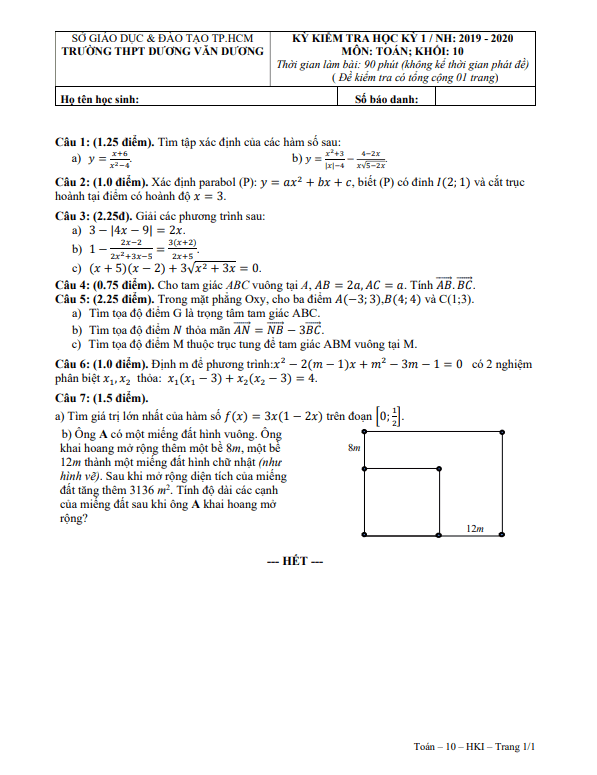 de thi hoc ki 1 hk1 lop 10 mon toan nam 2019 2020 truong thpt duong van duong tp hcm d