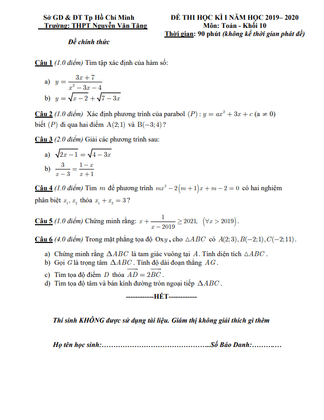 Đề thi học kì 1 (HK1) lớp 10 môn Toán năm 2019 2020 trường THPT Nguyễn Văn Tăng TP HCM 7 de thi hoc ki 1 hk1 lop 10 mon toan nam 2019 2020 truong thpt nguyen van tang tp hcm d