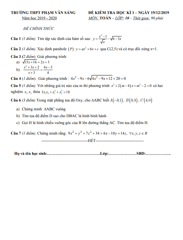 Đề thi học kì 1 (HK1) lớp 10 môn Toán năm 2019 2020 trường THPT Phạm Văn Sáng TP HCM 3 de thi hoc ki 1 hk1 lop 10 mon toan nam 2019 2020 truong thpt pham van sang tp hcm d