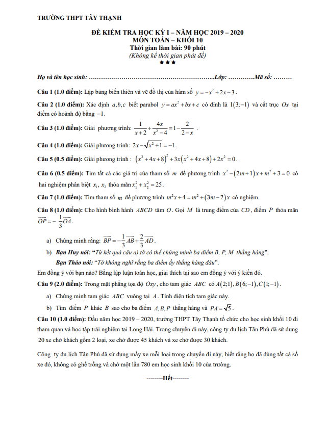 de thi hoc ki 1 hk1 lop 10 mon toan nam 2019 2020 truong thpt tay thanh tp hcm d