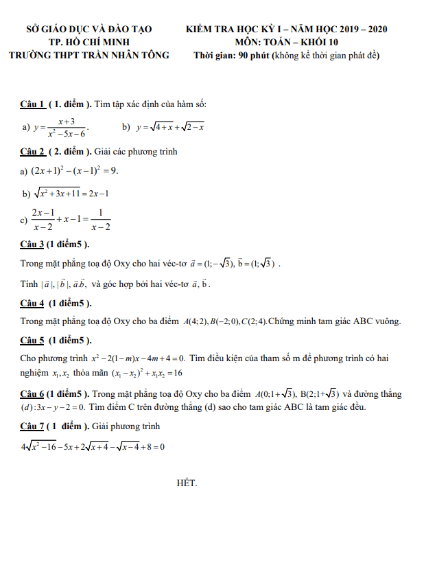Đề thi học kì 1 (HK1) lớp 10 môn Toán năm 2019 2020 trường THPT Trần Nhân Tông TP HCM 2 de thi hoc ki 1 hk1 lop 10 mon toan nam 2019 2020 truong thpt tran nhan tong tp hcm d