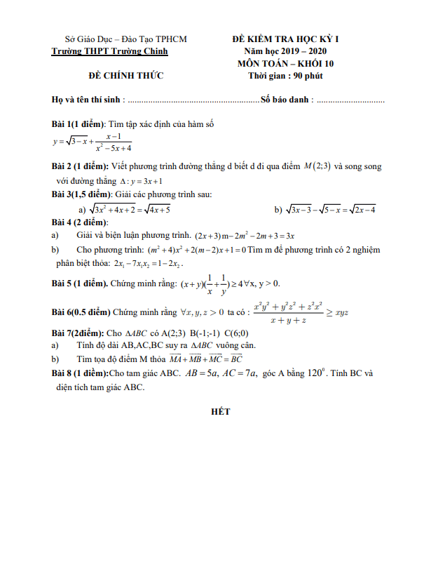 Đề thi học kì 1 (HK1) lớp 10 môn Toán năm 2019 2020 trường THPT Trường Chinh TP HCM 4 de thi hoc ki 1 hk1 lop 10 mon toan nam 2019 2020 truong thpt truong chinh tp hcm d