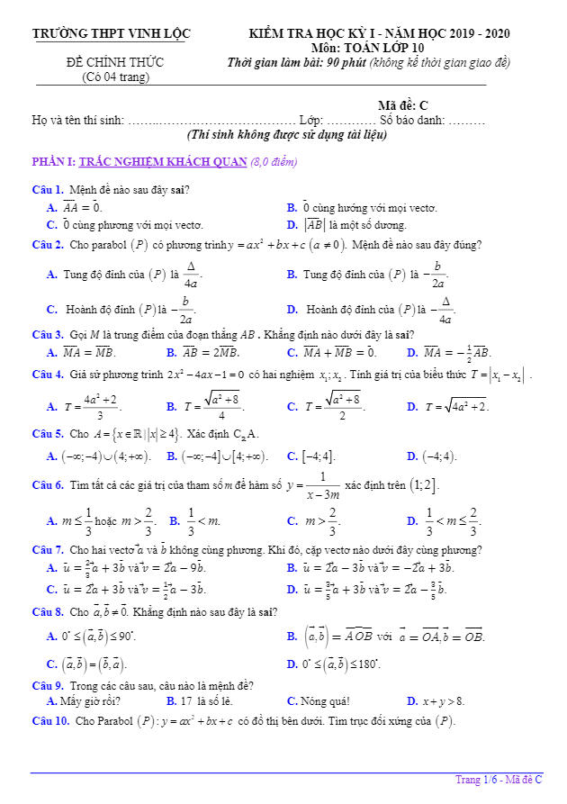 de thi hoc ki 1 hk1 lop 10 mon toan nam 2019 2020 truong thpt vinh loc tt hue d