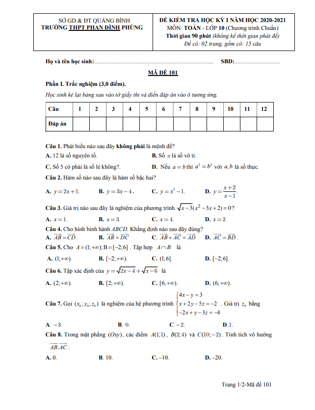 de thi hoc ki 1 hk1 lop 10 mon toan nam 2020 2021 truong phan dinh phung quang binh d