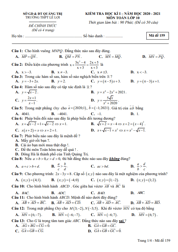 de thi hoc ki 1 hk1 lop 10 mon toan nam 2020 2021 truong thpt le loi quang tri d