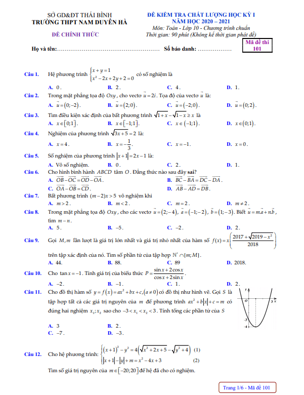 de thi hoc ki 1 hk1 lop 10 mon toan nam 2020 2021 truong thpt nam duyen ha thai binh d