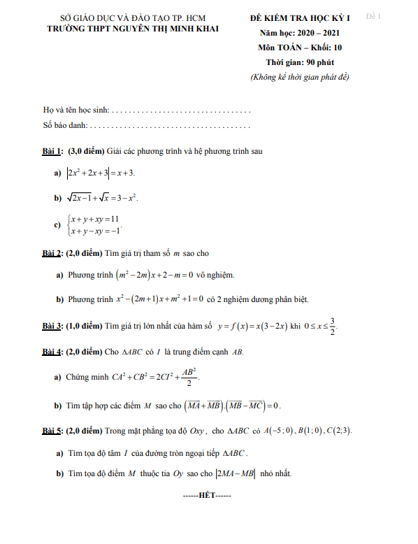 de thi hoc ki 1 hk1 lop 10 mon toan nam 2020 2021 truong thpt nguyen thi minh khai tp hcm d