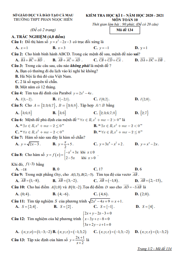 de thi hoc ki 1 hk1 lop 10 mon toan nam 2020 2021 truong thpt phan ngoc hien ca mau d