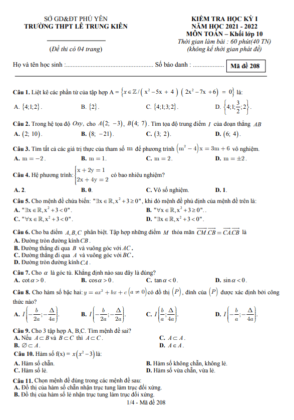 de thi hoc ki 1 hk1 lop 10 mon toan nam 2021 2022 truong thpt le trung kien phu yen d