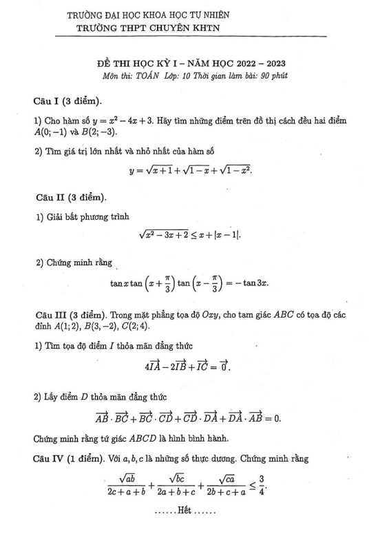 de thi hoc ki 1 hk1 lop 10 mon toan nam 2022 2023 truong chuyen khtn ha noi d