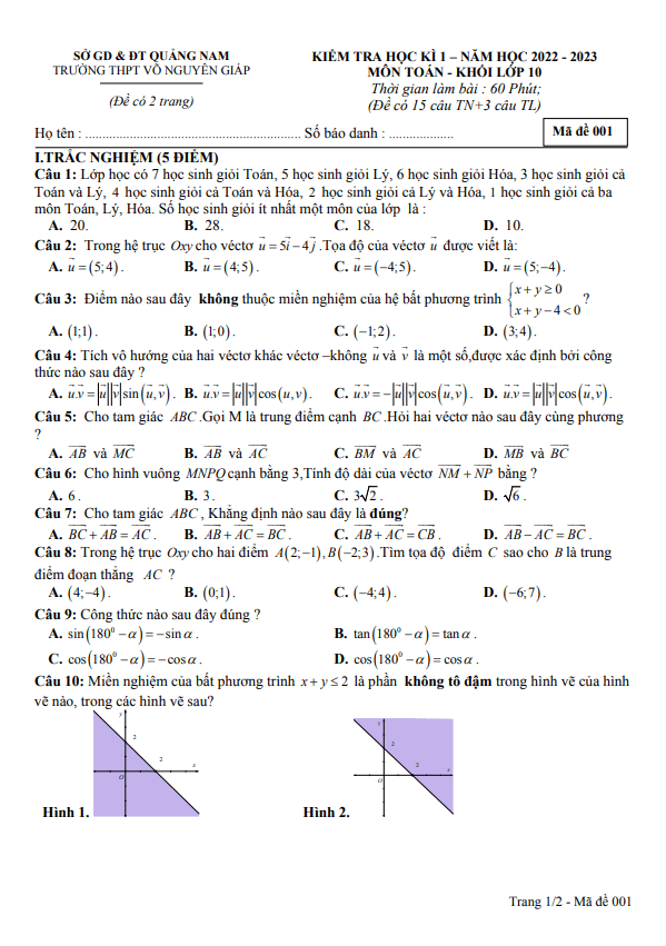 de thi hoc ki 1 hk1 lop 10 mon toan nam 2022 2023 truong thpt vo nguyen giap quang nam d