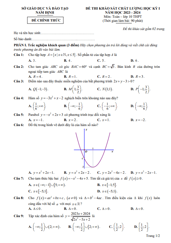 de thi hoc ki 1 hk1 lop 10 mon toan nam 2023 2024 so gd dt nam dinh d