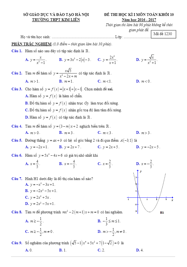 de thi hoc ki 1 hk1 lop 10 mon toan nam hoc 2016 2017 truong thpt kim lien ha noi d