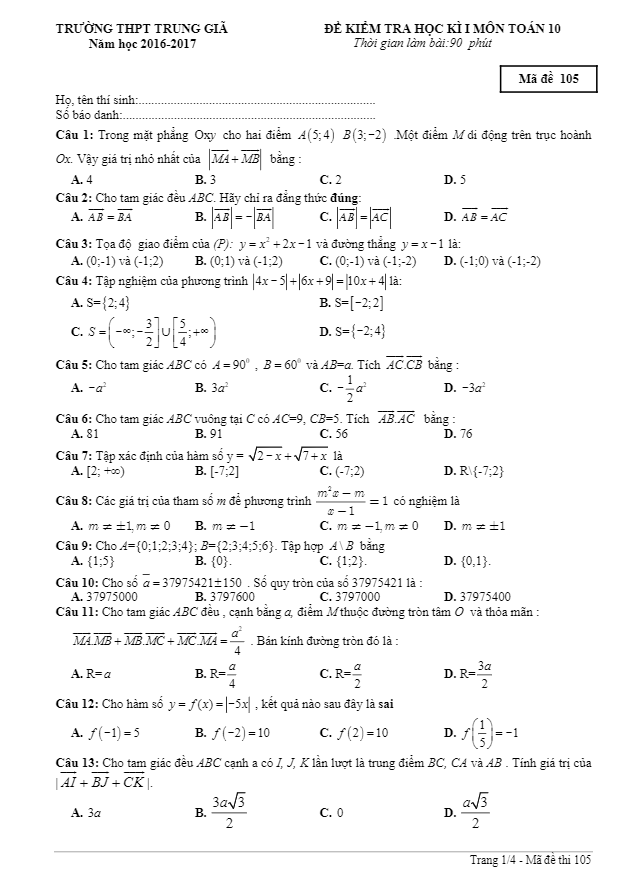 de thi hoc ki 1 hk1 lop 10 mon toan nam hoc 2016 2017 truong thpt trung gia ha noi d