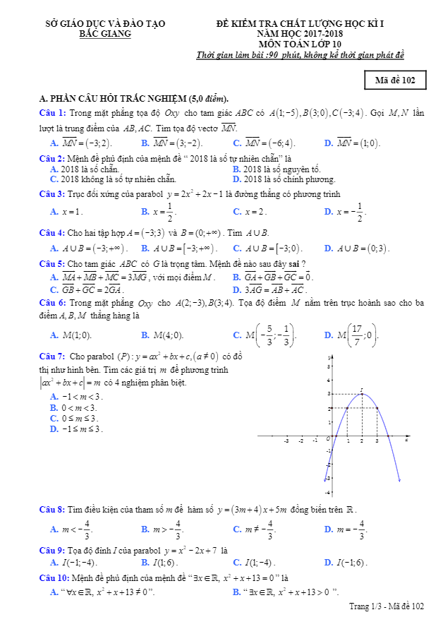 de thi hoc ki 1 hk1 lop 10 mon toan nam hoc 2017 2018 so gd va dt bac giang d