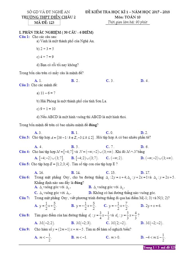 de thi hoc ki 1 hk1 lop 10 mon toan nam hoc 2017 2018 truong thpt dien chau 2 nghe an d