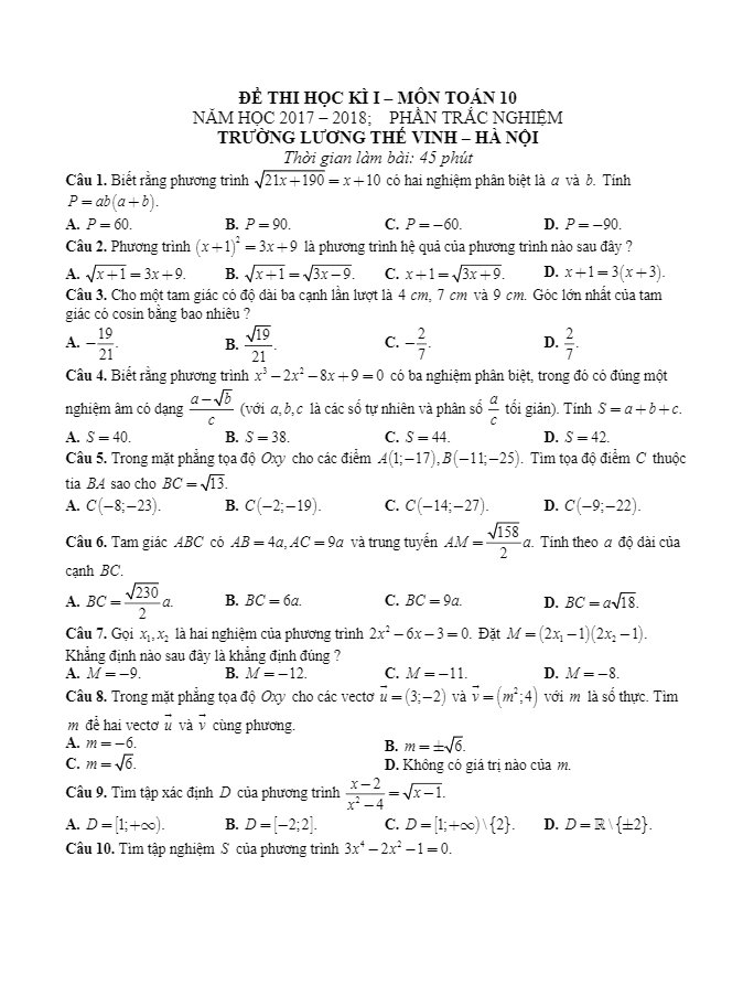 de thi hoc ki 1 hk1 lop 10 mon toan nam hoc 2017 2018 truong thpt luong the vinh ha noi d