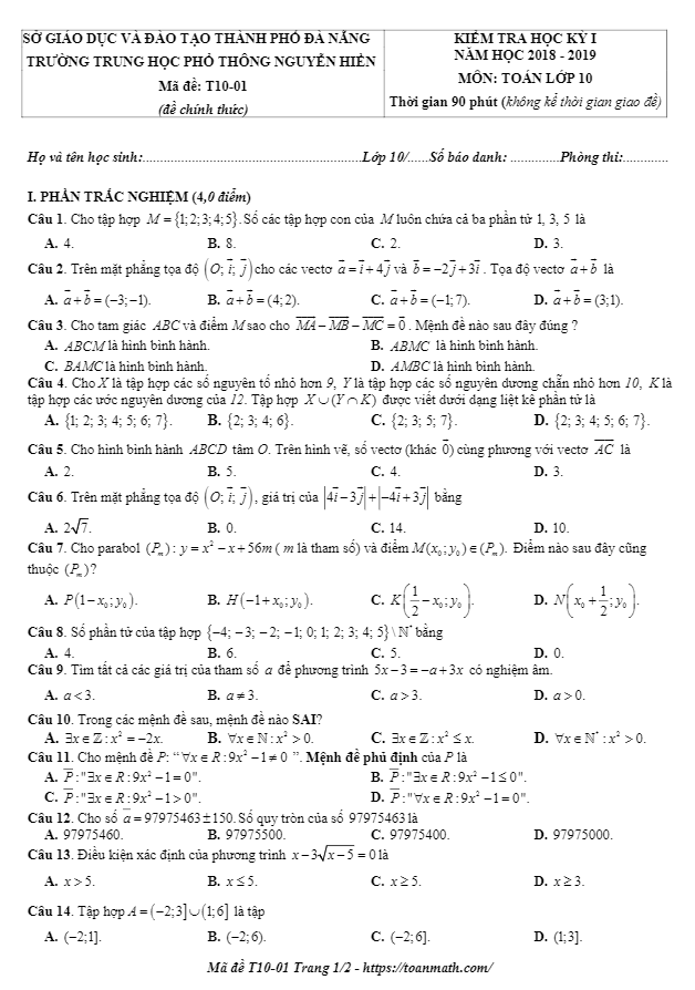 de thi hoc ki 1 hk1 lop 10 mon toan nam hoc 2018 2019 truong thpt nguyen hien da nang d