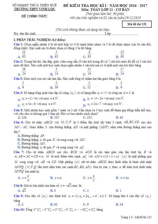 de thi hoc ki 1 hk1 lop 11 mon toan co ban nam hoc 2016 2017 truong vinh loc tt hue d