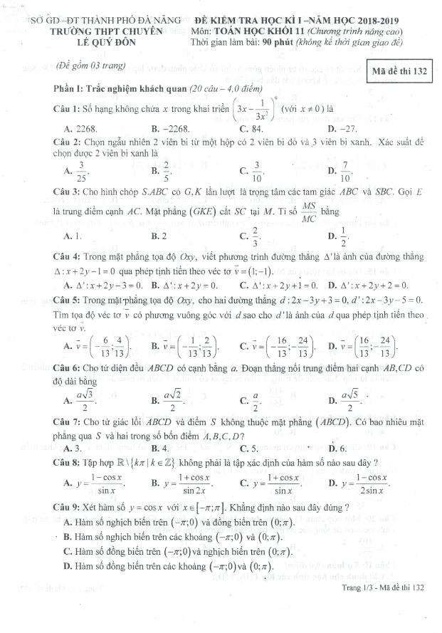 de thi hoc ki 1 hk1 lop 11 mon toan nam 2018 2019 truong chuyen le quy don da nang d