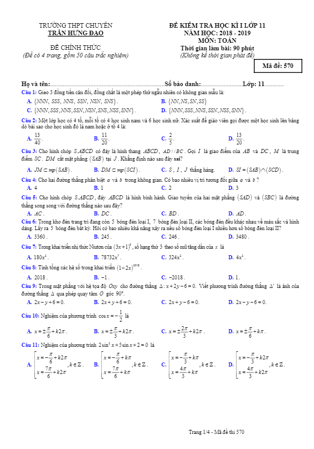 de thi hoc ki 1 hk1 lop 11 mon toan nam 2018 2019 truong chuyen tran hung dao binh thuan d