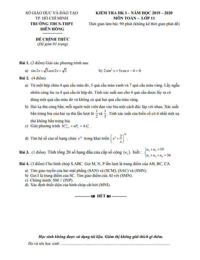 Đề thi học kì 1 (HK1) lớp 11 môn Toán năm 2019 2020 trường Diên Hồng TP HCM 3 de thi hoc ki 1 hk1 lop 11 mon toan nam 2019 2020 truong dien hong tp hcm d
