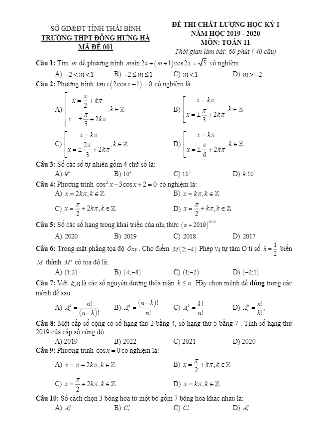 de thi hoc ki 1 hk1 lop 11 mon toan nam 2019 2020 truong dong hung ha thai binh d